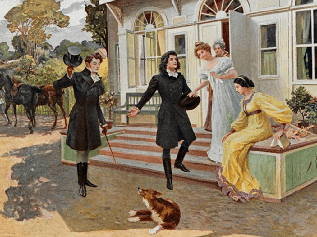 Елена Самокиш-Судковская. Онегин с Ленским в гостях у Лариных (фрагмент). 1908. Из книги типографии товарищества Р. Голике и А. Вольборг, Санкт-Петербург