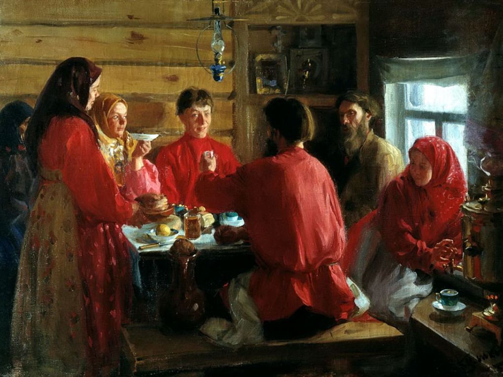 Иван Куликов. В крестьянской избе (фрагмент). 1902. Псковский государственный объединенный историко-архитектурный и художественный музей-заповедник, Псков