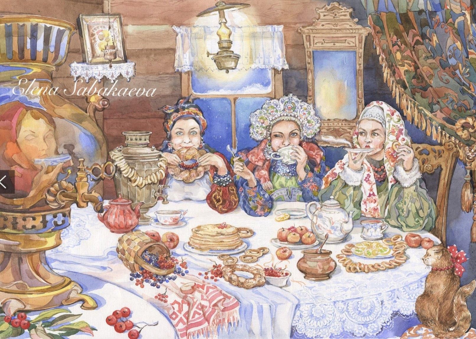 Семья за столом пьет чай рисунок