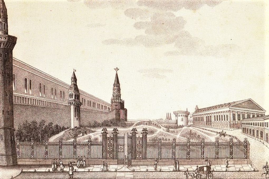 Р. Курятников. Вид Александровского сада в Москве. 1824. Справа — здание Манежа
