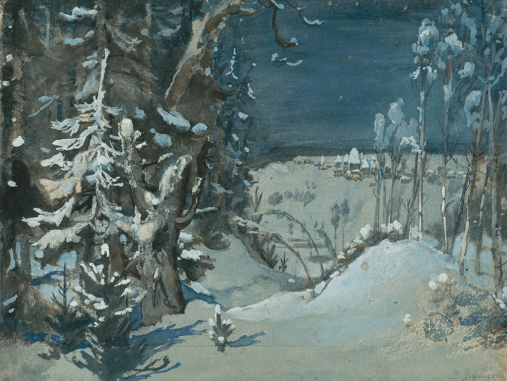 Виктор Васнецов. Пролог. Эскиз декорации к спектаклю по пьесе Александра Островского «Снегурочка». 1885. Государственный историко-художественный и литературный музей-заповедник «Абрамцево», Московская область. Изображение предоставлено организаторами