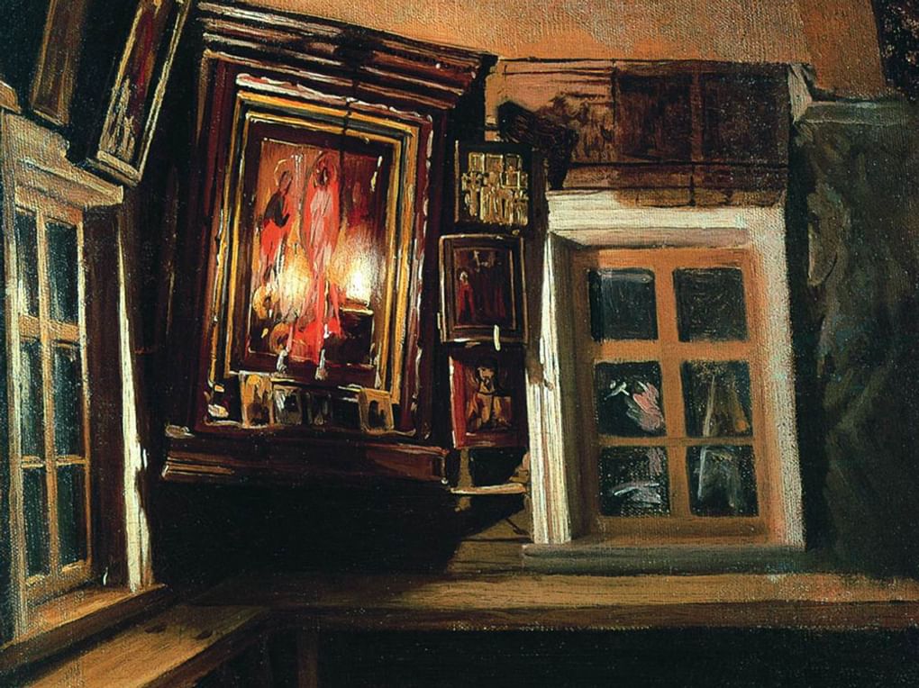 Василий Максимов. Красный угол в избе (фрагмент). 1869. Государственный Русский музей, Санкт-Петербург