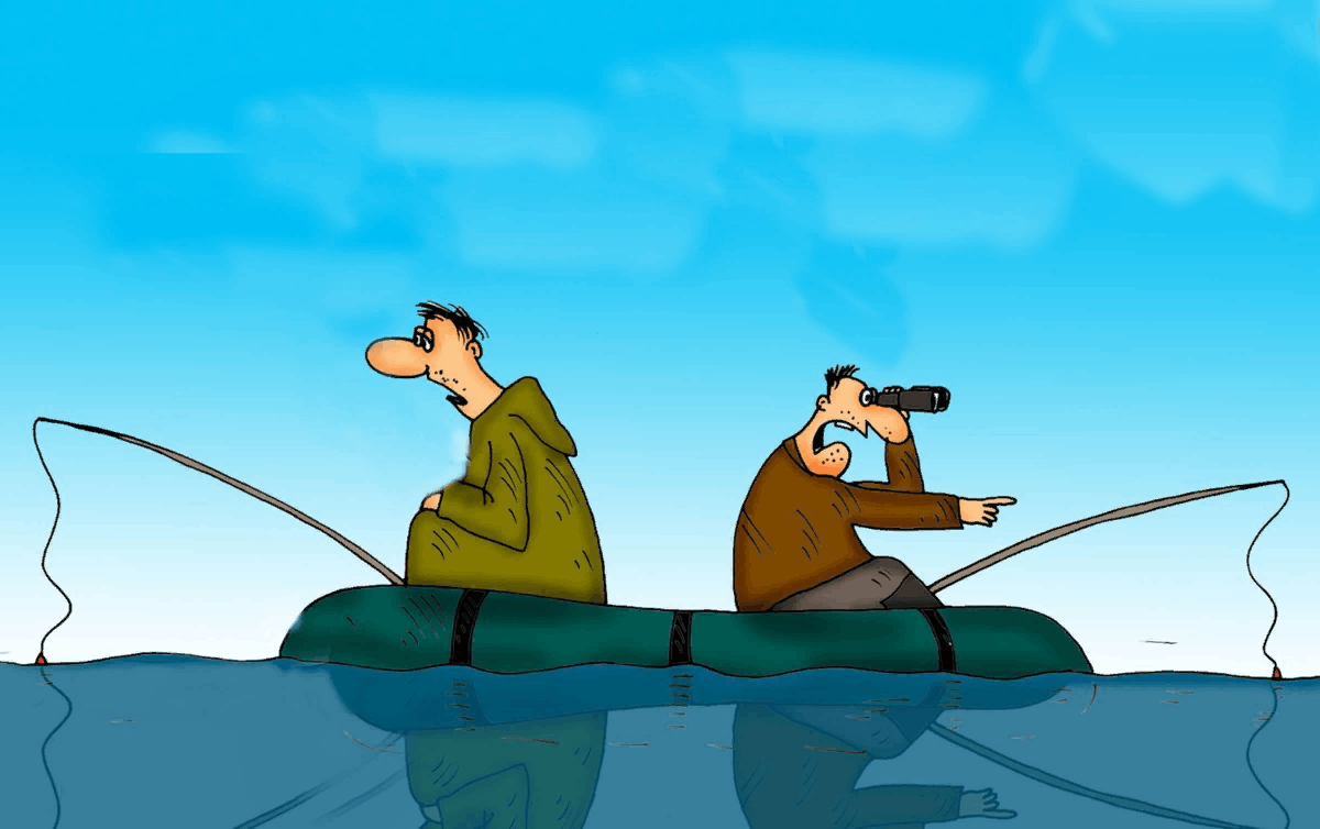 Душа душу видит издалека. Рыбак карикатура. Карикатуры на рыбаков. Приколы на рыбалке. Рыбалка картинки.