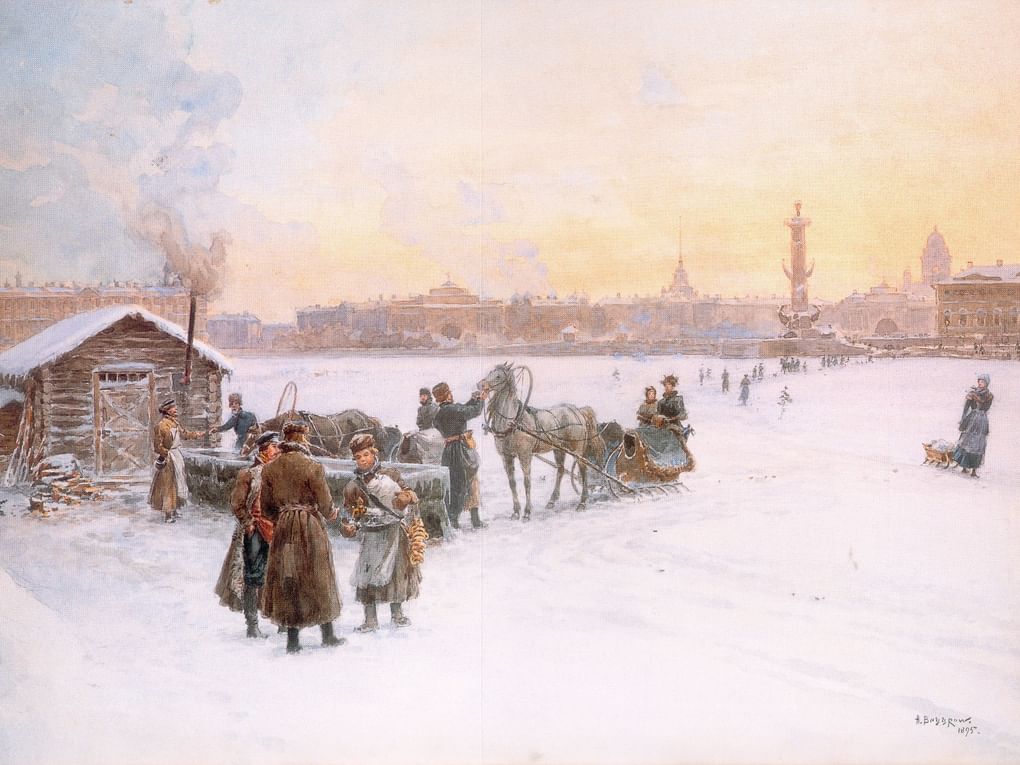 Александр Беггров. У водопоя на Неве зимой. 1895. Выставка «Рисунки и акварели передвижников», Государственный Русский музей, Санкт-Петербург