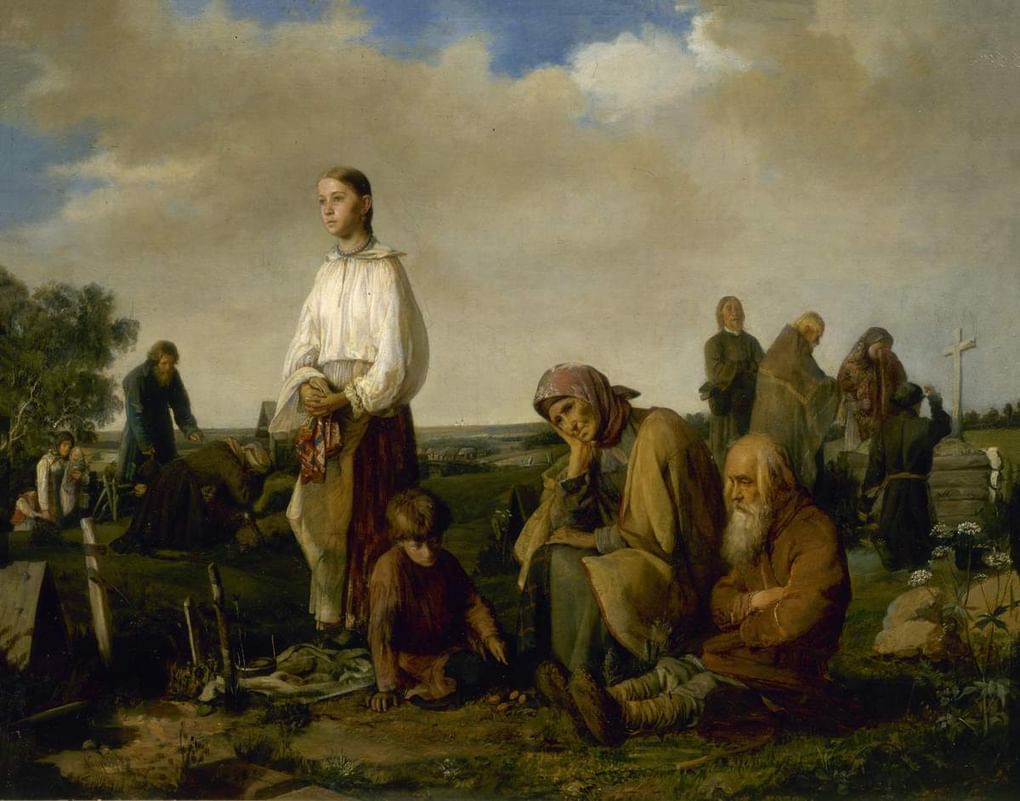 Алексей Корзухин. Поминки на кладбище (фрагмент). 1865. Государственный Русский музей, Санкт-Петербург