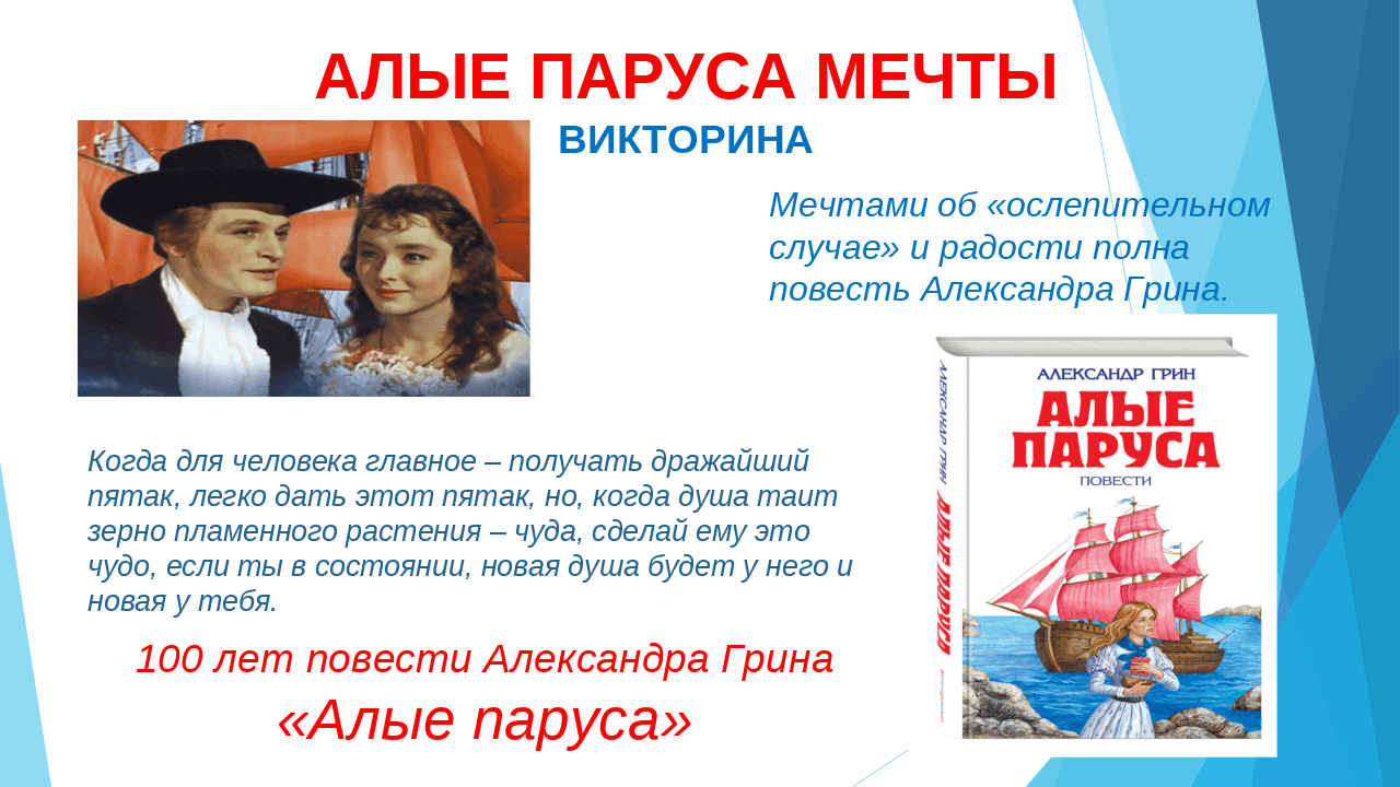 Аргумент алые паруса мечта. Вопросы для викторины Алые паруса.