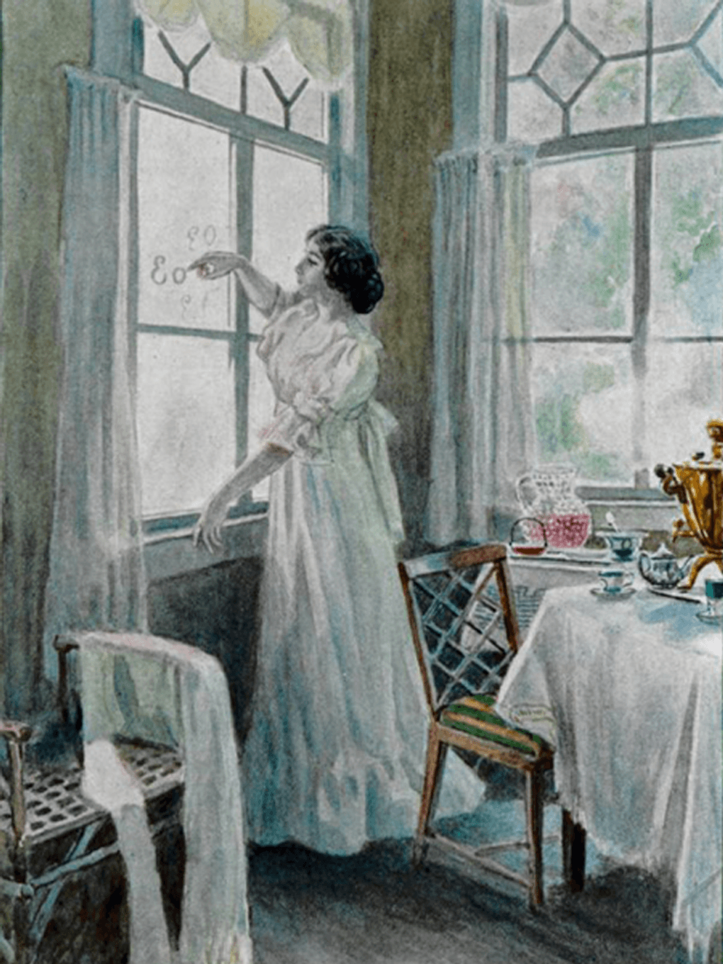 Елена Самокиш-Судковская. Татьяна пишет на стекле вензель О да Е (фрагмент). 1908. Из книги типографии товарищества Р. Голике и А. Вольборг, Санкт-Петербург