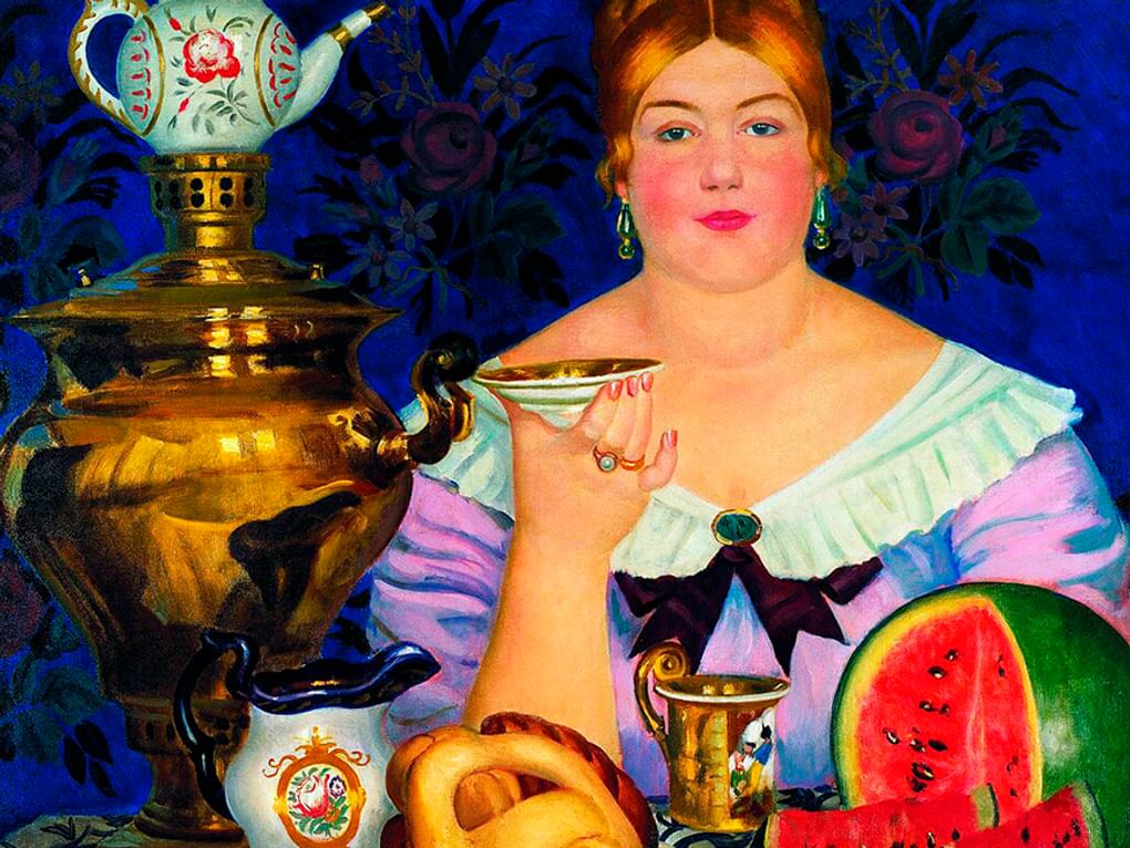 Борис Кустодиев. Купчиха, пьющая чай (фрагмент). 1923. Нижегородский государственный художественный музей, Нижний Новгород